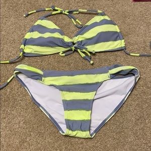 Neon Green and Gray Striped Bikini Set